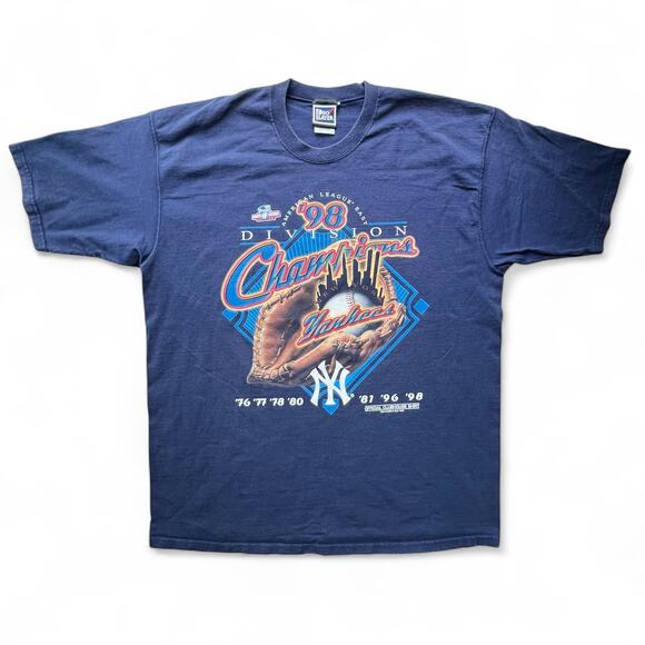 Vintage NY Yankees 1998 Division Champions MLB Baseball Shirt Blue 90s Skyline